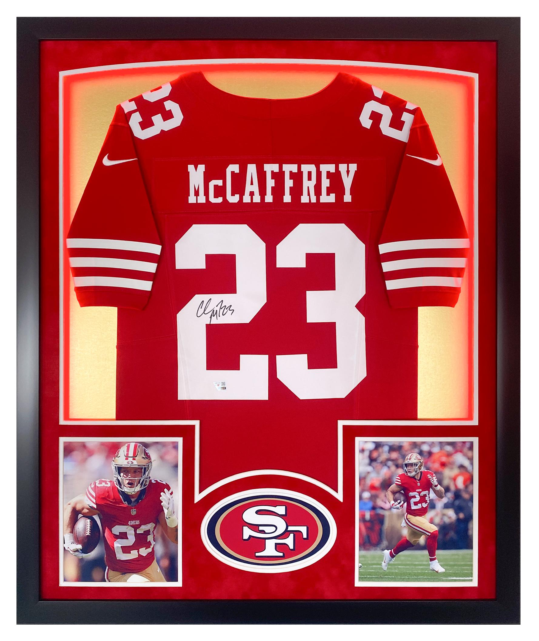 Christian McCaffrey Signed 49ers Custom Framed Jersey Display with LED Lights (Fanatics) at PristineAuction.com Christian McCaffrey Signed 49ers Custom Framed Jersey Display with LED Lights (Fanatics) at PristineAuction.com