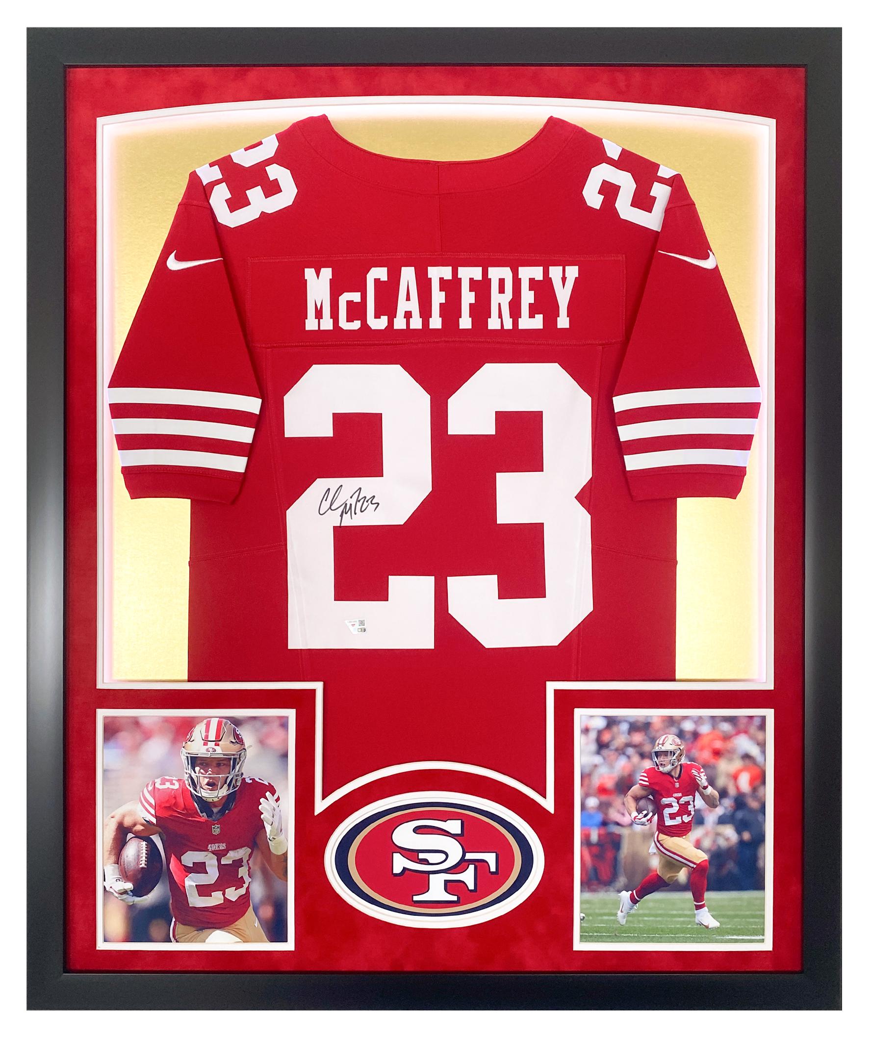 Christian McCaffrey Signed 49ers Custom Framed Jersey Display with LED Lights (Fanatics) at PristineAuction.com Christian McCaffrey Signed 49ers Custom Framed Jersey Display with LED Lights (Fanatics) at PristineAuction.com