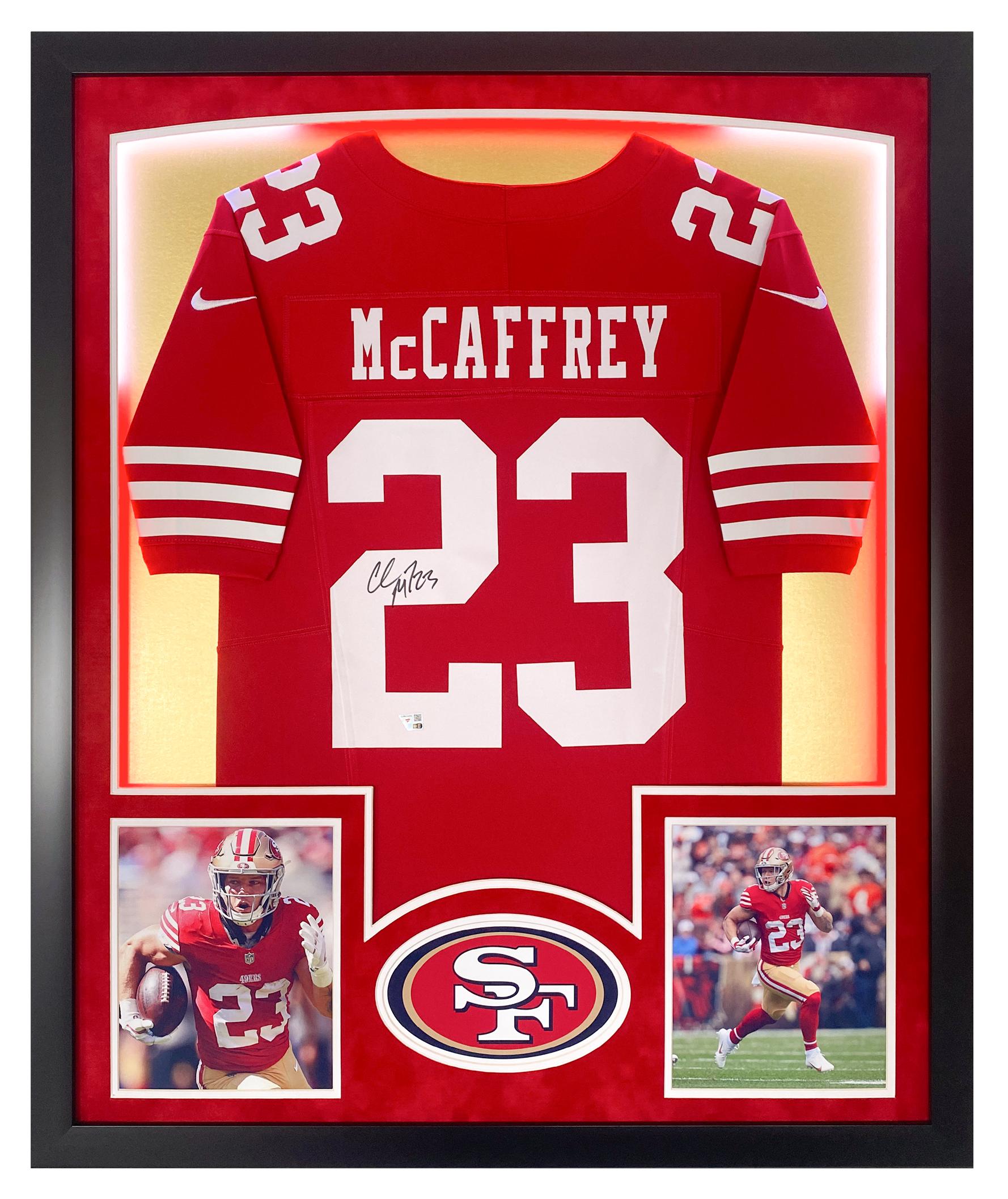 Christian McCaffrey Signed 49ers Custom Framed Jersey Display with LED Lights (Fanatics) at PristineAuction.com Christian McCaffrey Signed 49ers Custom Framed Jersey Display with LED Lights (Fanatics) at PristineAuction.com