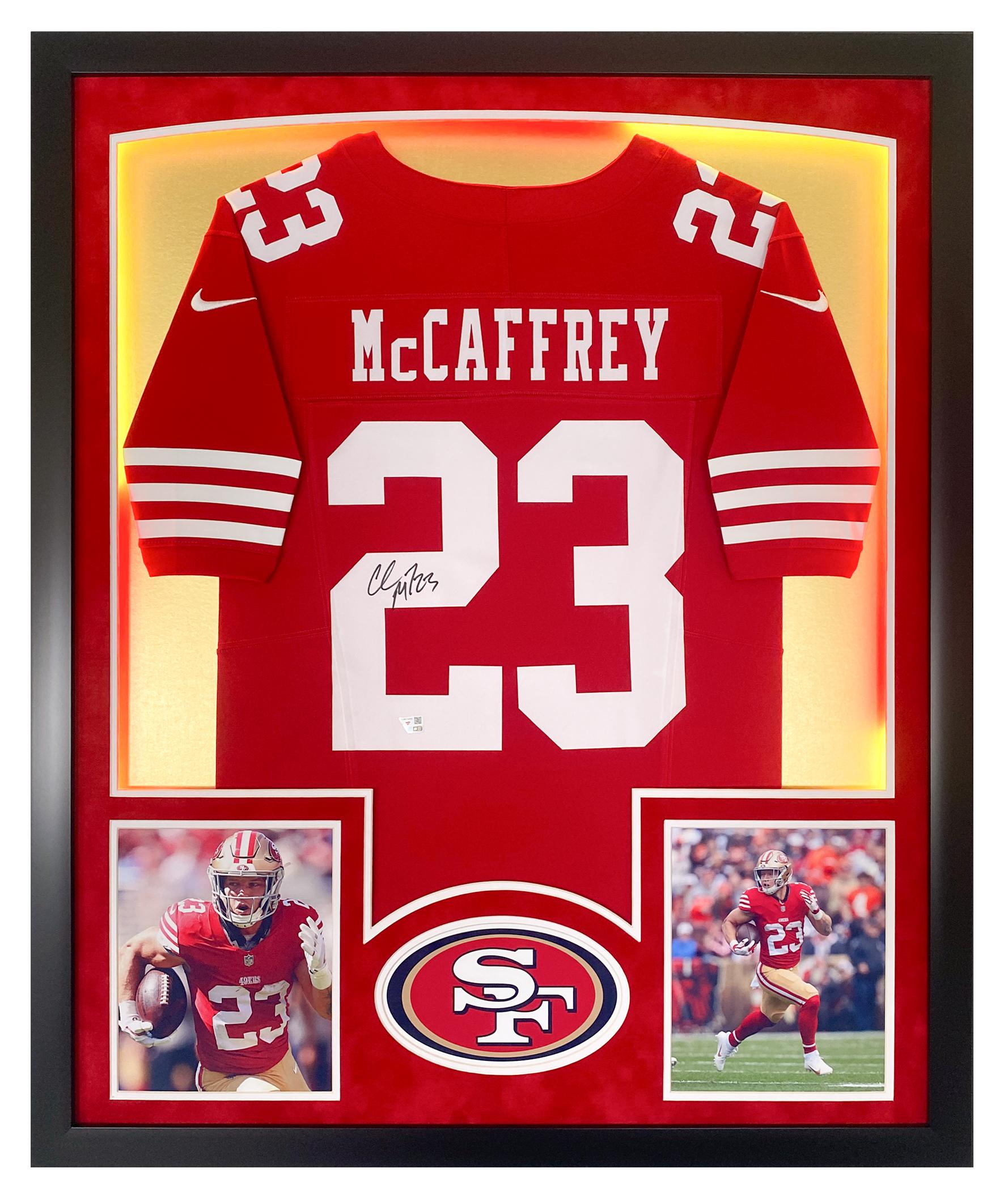 Christian McCaffrey Signed 49ers Custom Framed Jersey Display with LED Lights (Fanatics) at PristineAuction.com Christian McCaffrey Signed 49ers Custom Framed Jersey Display with LED Lights (Fanatics) at PristineAuction.com