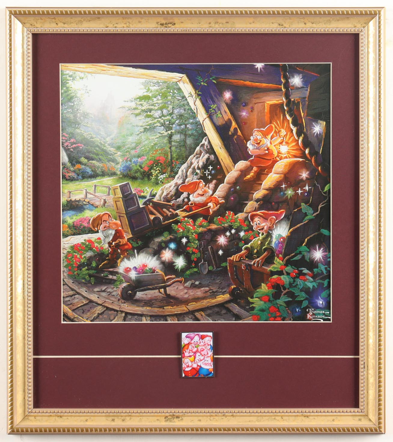 Thomas Kinkade Walt Disney's "Seven Dwarfs" Custom Framed Print Display With Mickey & Minnie Pins at PristineAuction.com Thomas Kinkade Walt Disney's "Seven Dwarfs" Custom Framed Print Display With Mickey & Minnie Pins at PristineAuction.com