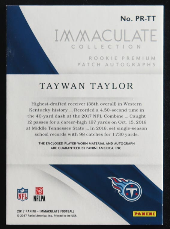 Taywan Taylor 2017 Immaculate Collection Rookie Premium Patch Autographs #24 #77/99 RC at PristineAuction.com Taywan Taylor 2017 Immaculate Collection Rookie Premium Patch Autographs #24 #77/99 RC at PristineAuction.com