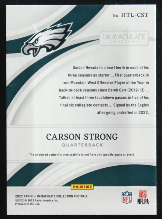 Carson Strong 2022 Immaculate Collection Rookie Helmet Team Logos #42 #4/14 RC at PristineAuction.com Carson Strong 2022 Immaculate Collection Rookie Helmet Team Logos #42 #4/14 RC at PristineAuction.com