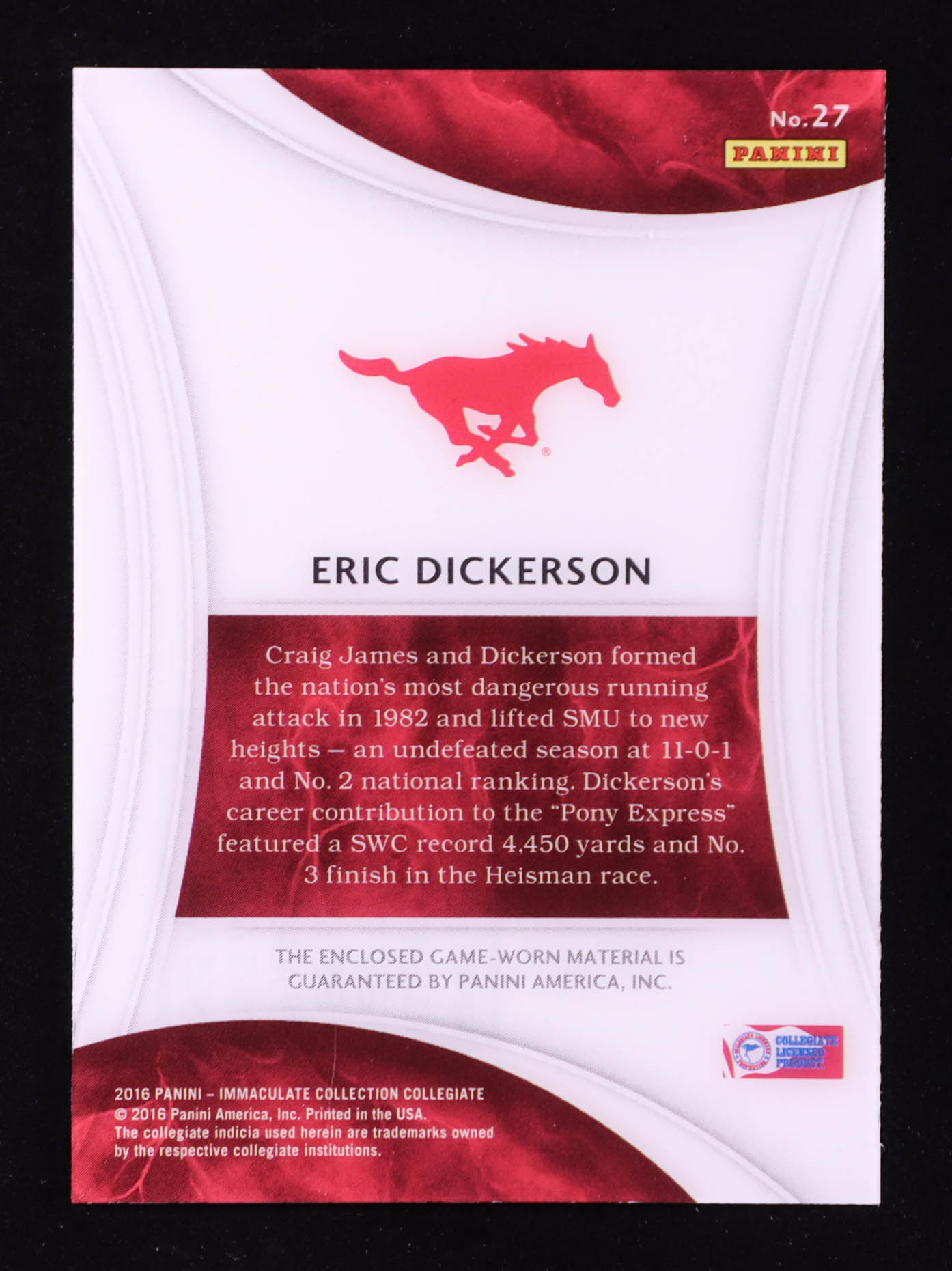 Eric Dickerson 2016 Immaculate Collection Collegiate Immaculate Numbers Jerseys #27 #18/25 at PristineAuction.com Eric Dickerson 2016 Immaculate Collection Collegiate Immaculate Numbers Jerseys #27 #18/25 at PristineAuction.com