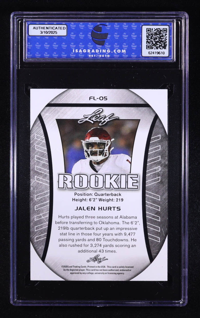 Jalen Hurts 2020 Leaf Exclusive Flag Edition #FL-05 RC (ISA 9) at PristineAuction.com Jalen Hurts 2020 Leaf Exclusive Flag Edition #FL-05 RC (ISA 9) at PristineAuction.com