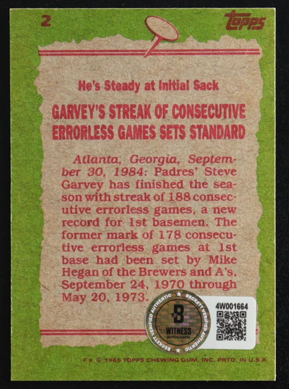 Steve Garvey Signed 1985 Topps #2 RB (Beckett) at PristineAuction.com Steve Garvey Signed 1985 Topps #2 RB (Beckett) at PristineAuction.com