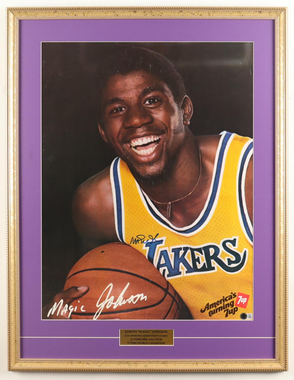 Magic Johnson Signed 1979 7-UP Lakers Custom Framed Photo Display with Stat Plaque (Beckett) at PristineAuction.com Magic Johnson Signed 1979 7-UP Lakers Custom Framed Photo Display with Stat Plaque (Beckett) at PristineAuction.com