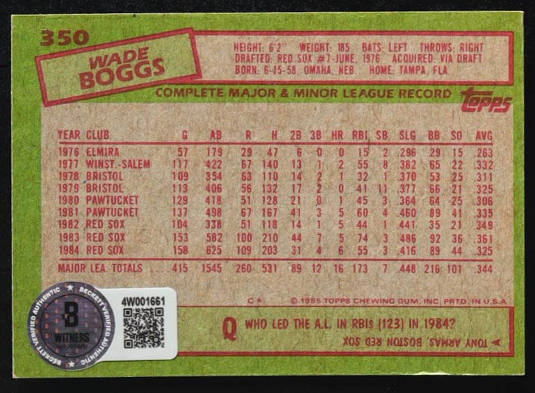Wade Boggs Signed 1985 Topps #350 (Beckett) at PristineAuction.com Wade Boggs Signed 1985 Topps #350 (Beckett) at PristineAuction.com