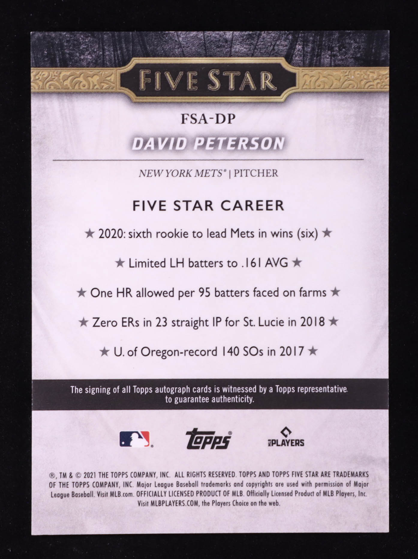 David Peterson 2021 Topps Five Star Autographs #FSADP RC at PristineAuction.com David Peterson 2021 Topps Five Star Autographs #FSADP RC at PristineAuction.com