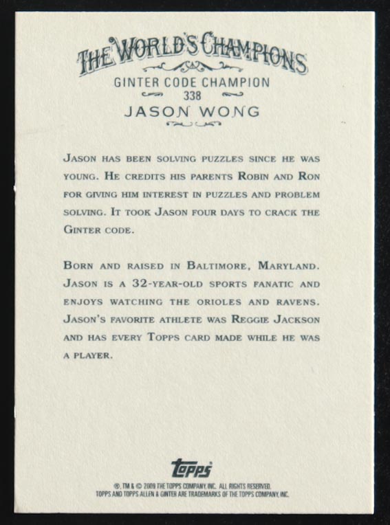 Jason Wong Signed 2009 Topps Allen and Ginter #338 SP Inscribed "2008 Ginter Code Champion" at PristineAuction.com Jason Wong Signed 2009 Topps Allen and Ginter #338 SP Inscribed "2008 Ginter Code Champion" at PristineAuction.com