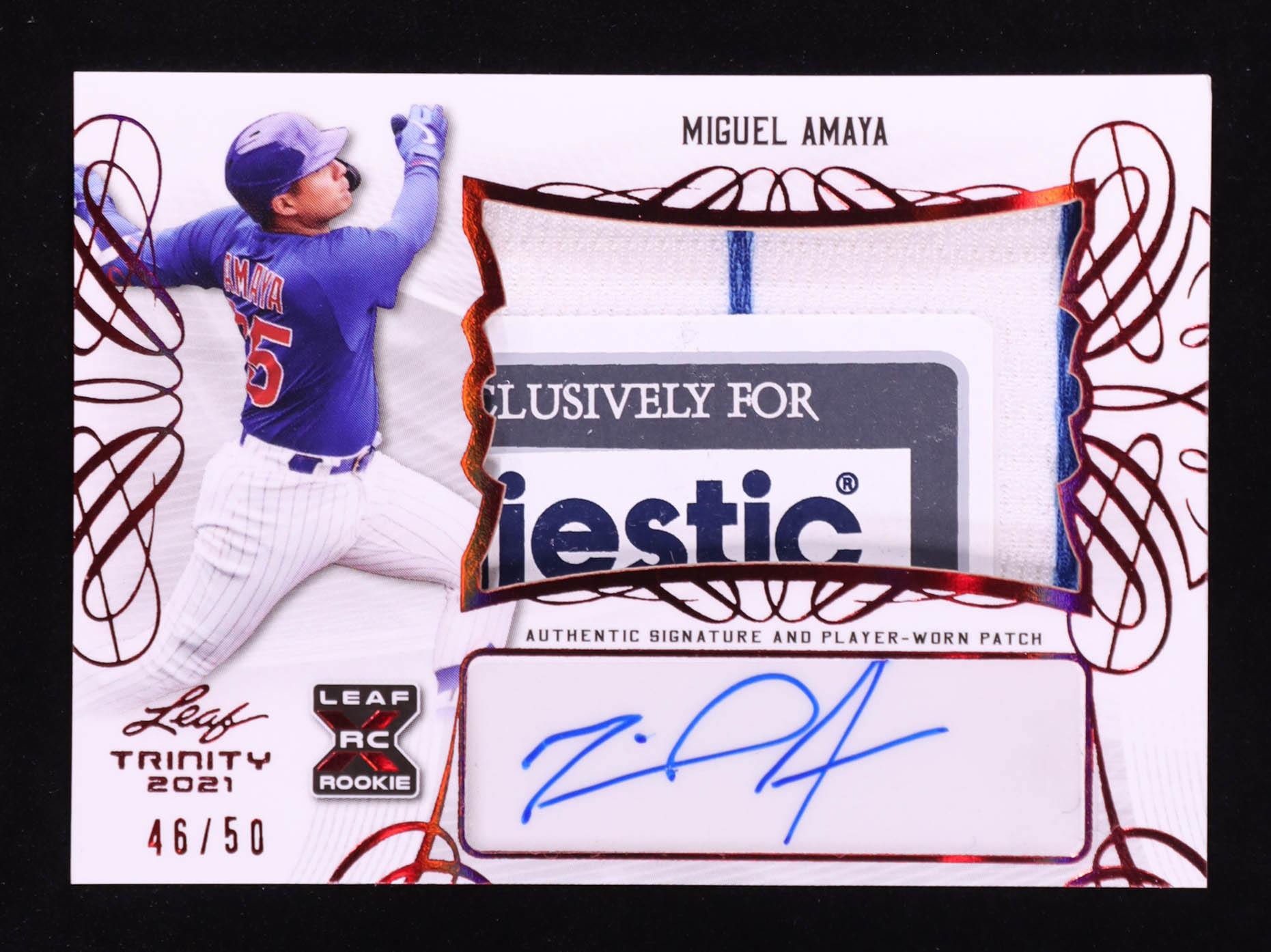 Miguel Amaya 2021 Leaf Trinity Patch Autographs Red #PAMA2 #46/50 RC at PristineAuction.com Miguel Amaya 2021 Leaf Trinity Patch Autographs Red #PAMA2 #46/50 RC at PristineAuction.com