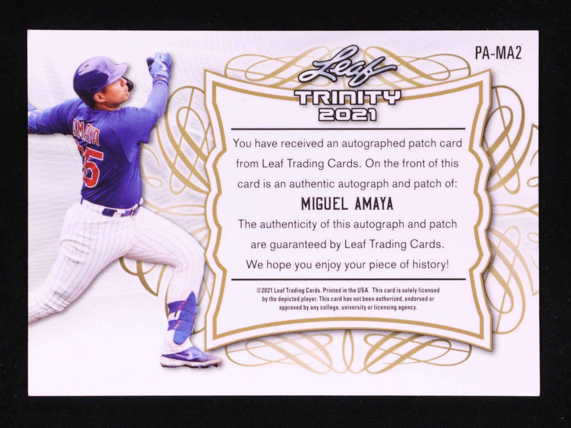 Miguel Amaya 2021 Leaf Trinity Patch Autographs Red #PAMA2 #46/50 RC at PristineAuction.com Miguel Amaya 2021 Leaf Trinity Patch Autographs Red #PAMA2 #46/50 RC at PristineAuction.com