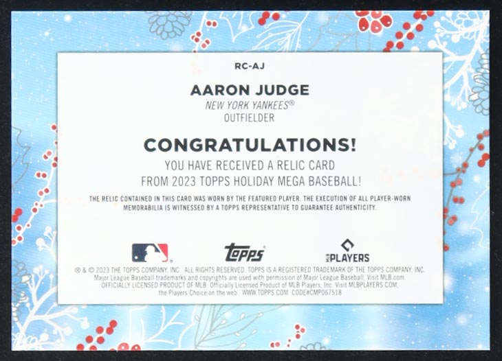 Aaron Judge 2023 Topps Holiday Relics #RCAJ at PristineAuction.com Aaron Judge 2023 Topps Holiday Relics #RCAJ at PristineAuction.com