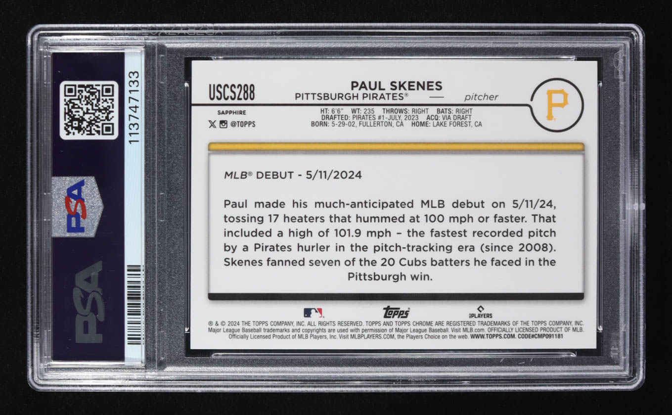 Paul Skenes 2024 Topps Chrome Sapphire Update Gold #288 RC #48/50 (PSA 10) at PristineAuction.com Paul Skenes 2024 Topps Chrome Sapphire Update Gold #288 RC #48/50 (PSA 10) at PristineAuction.com