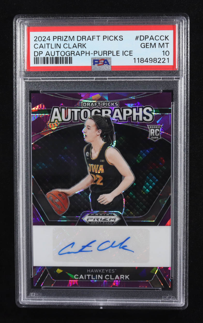 Caitlin Clark 2024 Panini Prizm Draft Picks Autograph Purple Ice Prizm #DPA-CCK RC #79/99 (PSA 10) at PristineAuction.com Caitlin Clark 2024 Panini Prizm Draft Picks Autograph Purple Ice Prizm #DPA-CCK RC #79/99 (PSA 10) at PristineAuction.com