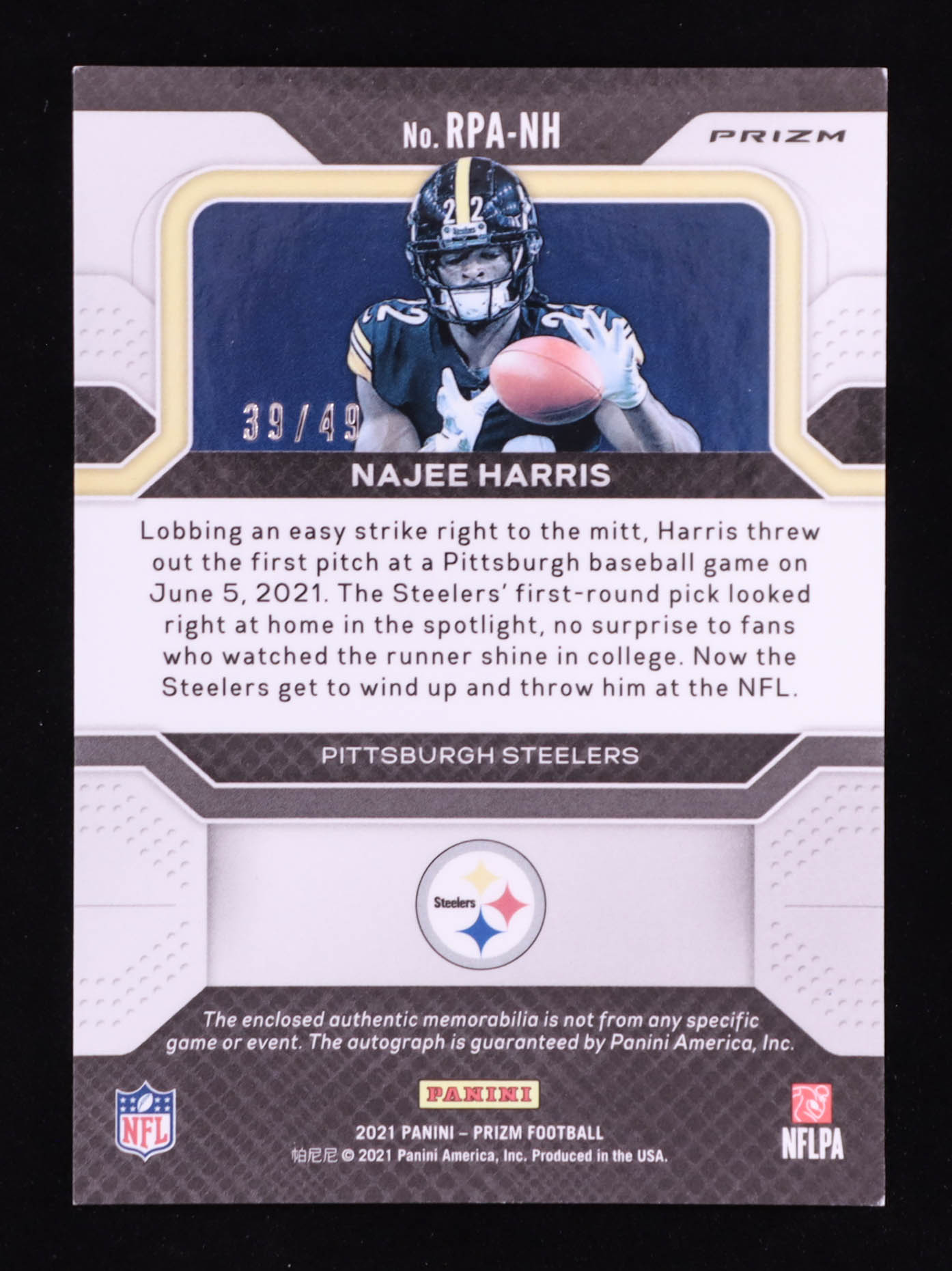 Najee Harris 2021 Panini Prizm Prizm Break Prizms Purple Power #9 #39/49 RC at PristineAuction.com Najee Harris 2021 Panini Prizm Prizm Break Prizms Purple Power #9 #39/49 RC at PristineAuction.com