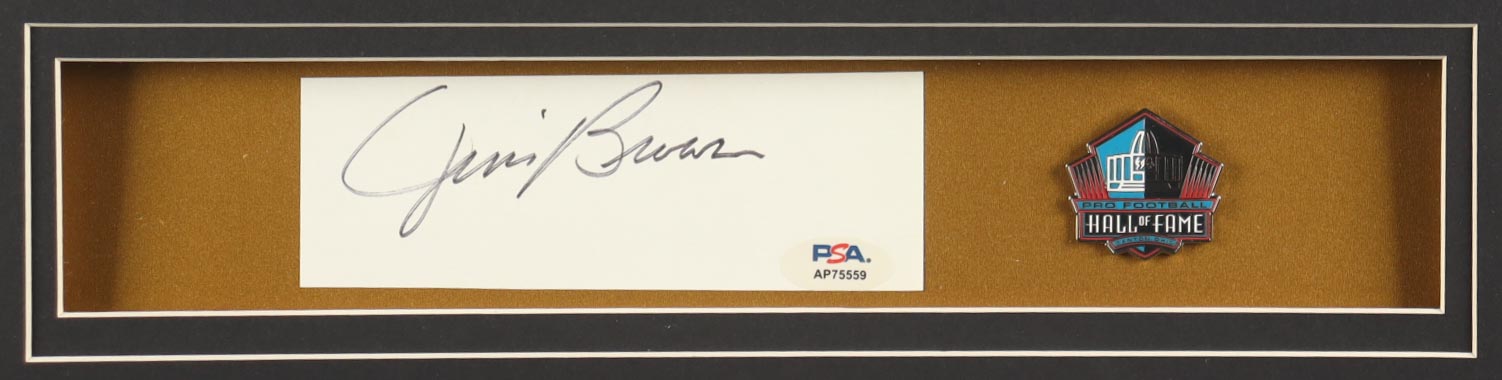 Jim Brown Signed Custom Framed Cut Display with Jersey & Hall of Fame Pin (PSA) at PristineAuction.com Jim Brown Signed Custom Framed Cut Display with Jersey & Hall of Fame Pin (PSA) at PristineAuction.com
