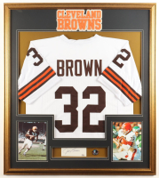 Jim Brown Signed Custom Framed Cut Display with Jersey & Hall of Fame Pin (PSA) at PristineAuction.com