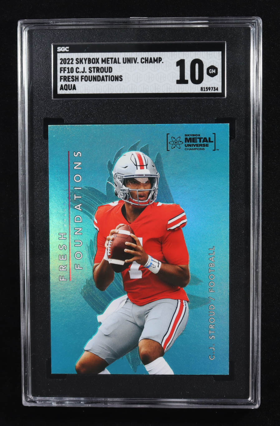 CJ Stroud 2022 Skybox Metal Universe Champions Fresh Foundations Aqua #FF10 RC (SGC 10) at PristineAuction.com CJ Stroud 2022 Skybox Metal Universe Champions Fresh Foundations Aqua #FF10 RC (SGC 10) at PristineAuction.com