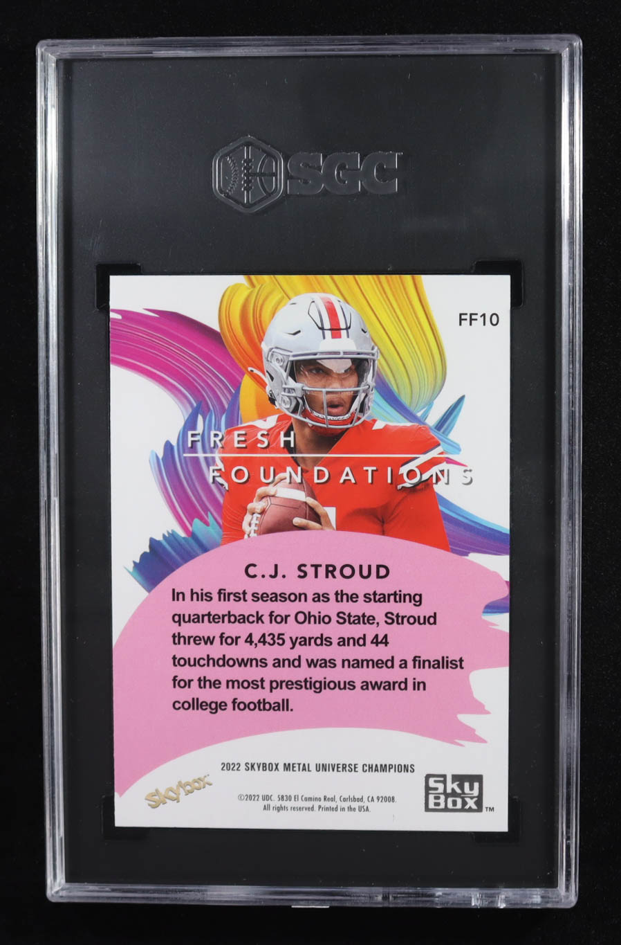 CJ Stroud 2022 Skybox Metal Universe Champions Fresh Foundations Aqua #FF10 RC (SGC 10) at PristineAuction.com CJ Stroud 2022 Skybox Metal Universe Champions Fresh Foundations Aqua #FF10 RC (SGC 10) at PristineAuction.com
