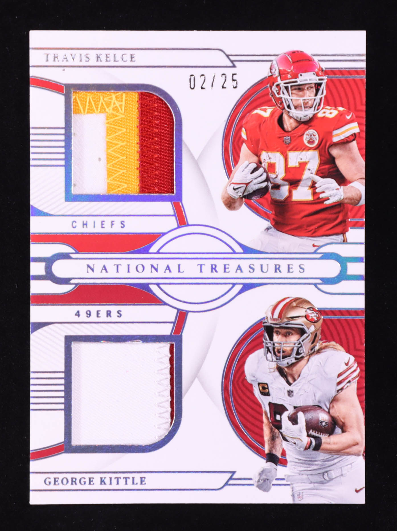 Travis Kelce / George Kittle 2022 Panini National Treasures NFL Gear Combo Materials Holo Silver #20 #02/25 at PristineAuction.com Travis Kelce / George Kittle 2022 Panini National Treasures NFL Gear Combo Materials Holo Silver #20 #02/25 at PristineAuction.com