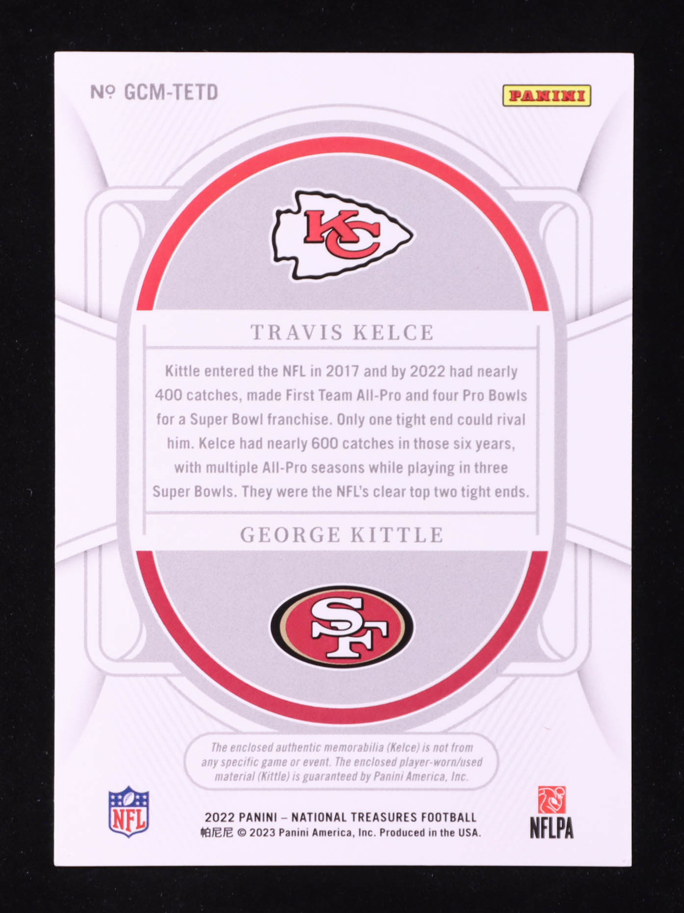 Travis Kelce / George Kittle 2022 Panini National Treasures NFL Gear Combo Materials Holo Silver #20 #02/25 at PristineAuction.com Travis Kelce / George Kittle 2022 Panini National Treasures NFL Gear Combo Materials Holo Silver #20 #02/25 at PristineAuction.com