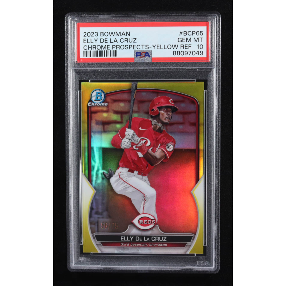 Elly De La Cruz 2023 Bowman Chrome Prospects Yellow Refractor #BCP-65 RC #56/75 (PSA 10) at PristineAuction.com