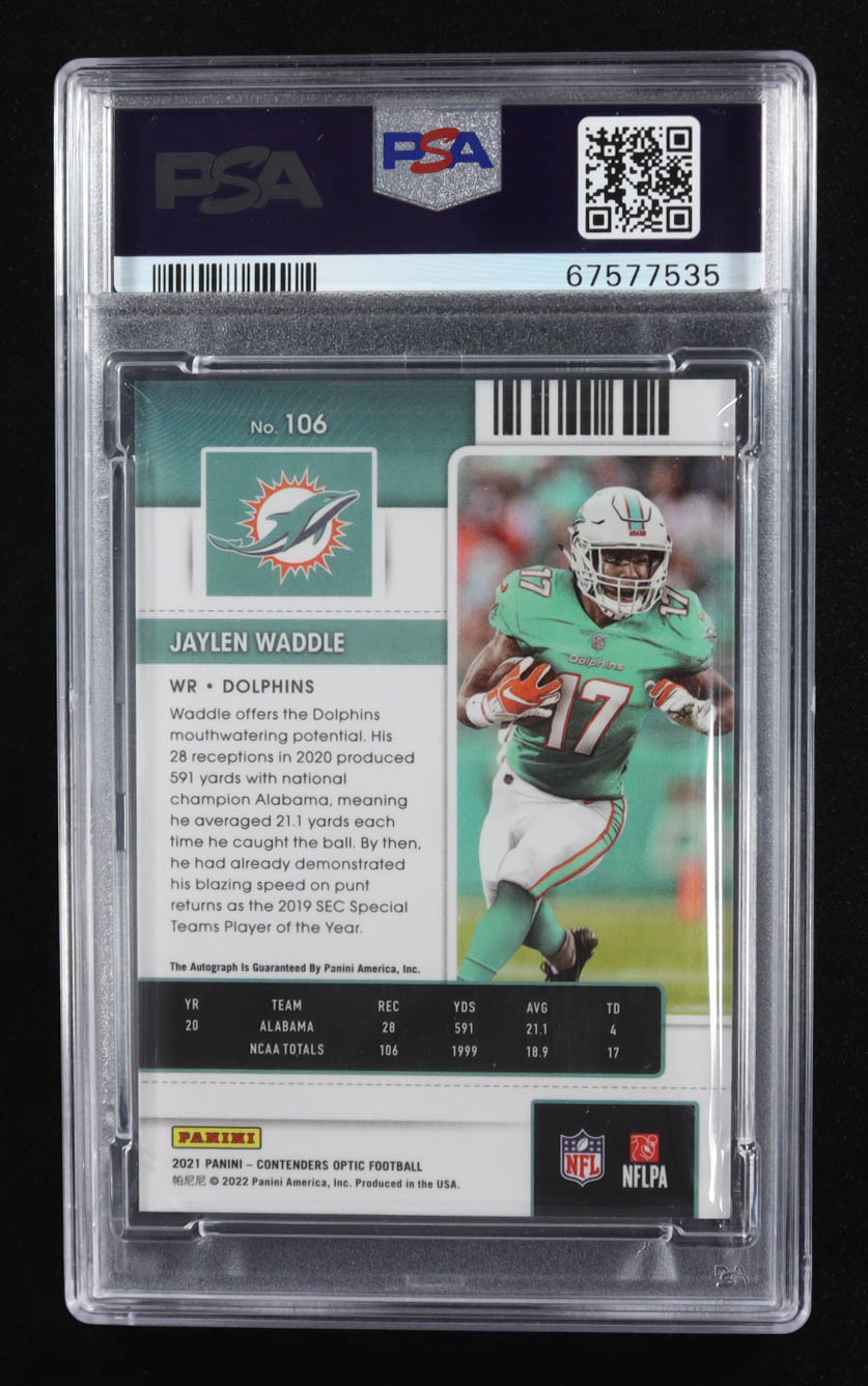 Jaylen Waddle 2021 Panini Contenders Optic #106 AU RC (PSA 10 | Auto Grade 10) at PristineAuction.com Jaylen Waddle 2021 Panini Contenders Optic #106 AU RC (PSA 10 | Auto Grade 10) at PristineAuction.com