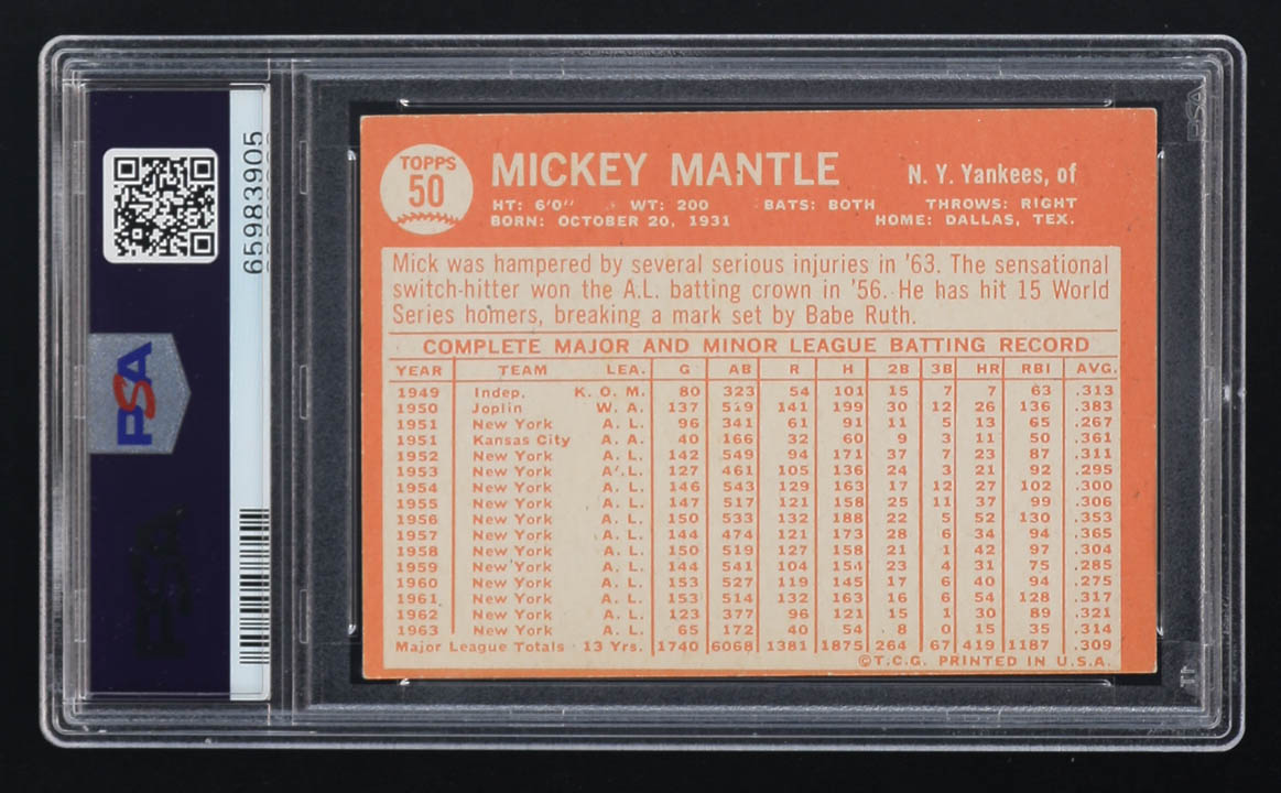 Mickey Mantle 1964 Topps #50 (PSA 4) (MC) at PristineAuction.com Mickey Mantle 1964 Topps #50 (PSA 4) (MC) at PristineAuction.com