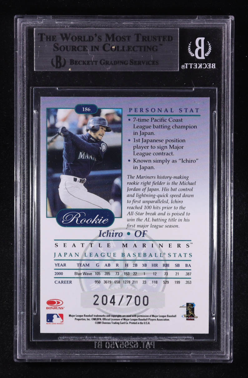 Ichiro Suzuki 2001 Donruss Studio #186 #204/700 RC (Beckett 9) at PristineAuction.com Ichiro Suzuki 2001 Donruss Studio #186 #204/700 RC (Beckett 9) at PristineAuction.com