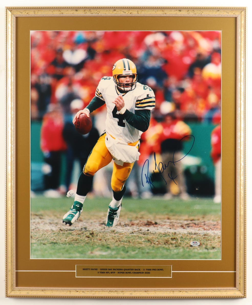 Brett Favre Signed Packers Custom Framed Photo Display with Career Stat Plaque (PSA) at PristineAuction.com Brett Favre Signed Packers Custom Framed Photo Display with Career Stat Plaque (PSA) at PristineAuction.com
