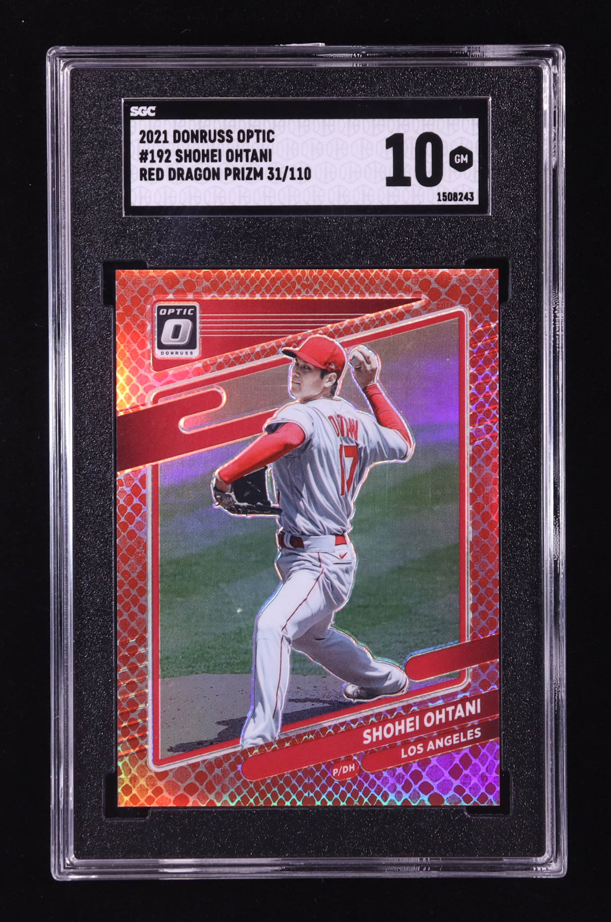 Shohei Ohtani 2021 Donruss Optic Red Dragon #192 #034/110 (SGC 10) at PristineAuction.com Shohei Ohtani 2021 Donruss Optic Red Dragon #192 #034/110 (SGC 10) at PristineAuction.com