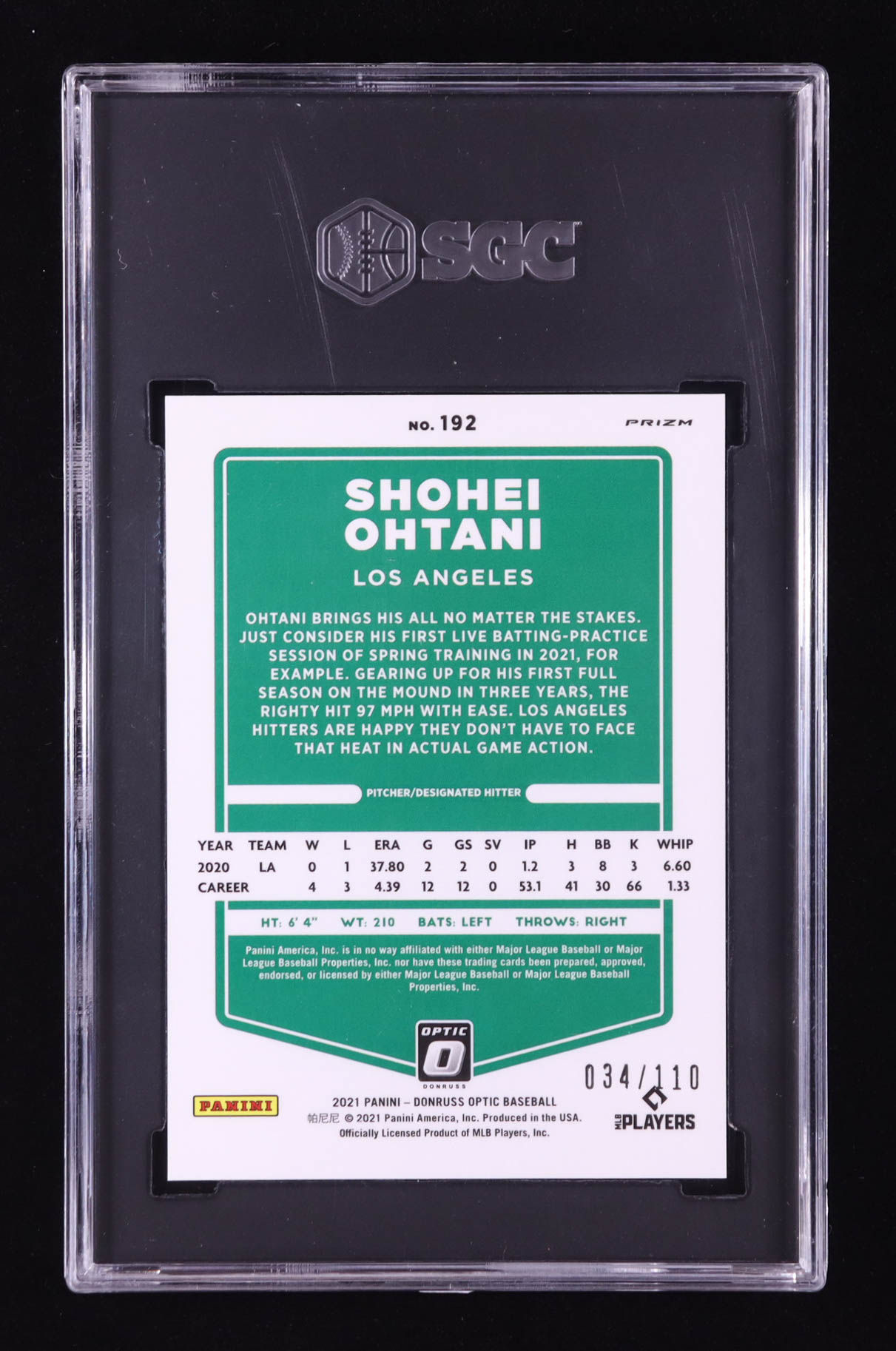 Shohei Ohtani 2021 Donruss Optic Red Dragon #192 #034/110 (SGC 10) at PristineAuction.com Shohei Ohtani 2021 Donruss Optic Red Dragon #192 #034/110 (SGC 10) at PristineAuction.com