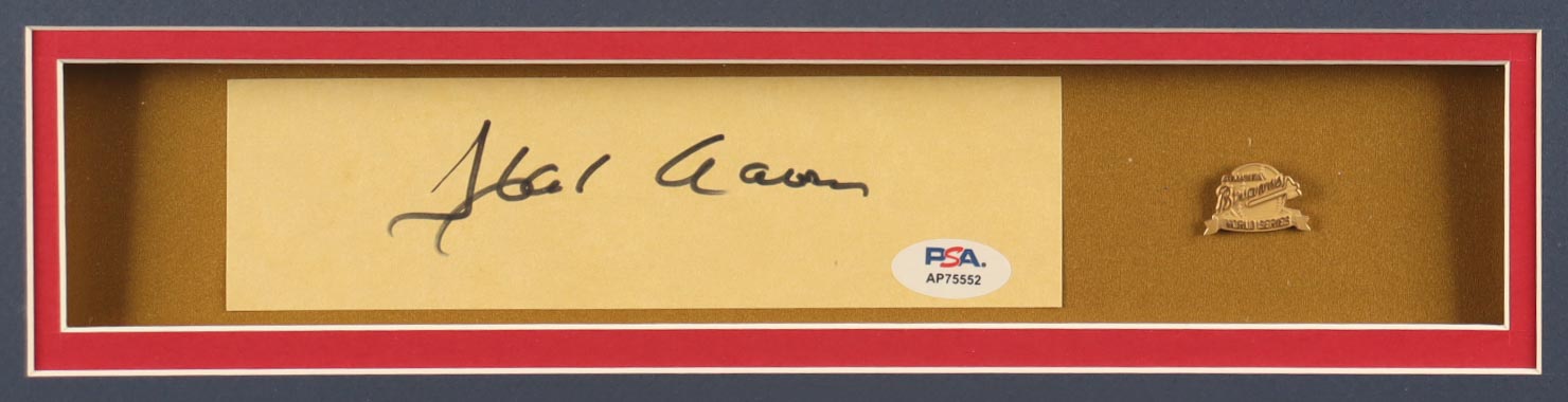 Hank Aaron Signed Custom Framed Cut Display with Jersey & World Series Pin (PSA) at PristineAuction.com Hank Aaron Signed Custom Framed Cut Display with Jersey & World Series Pin (PSA) at PristineAuction.com