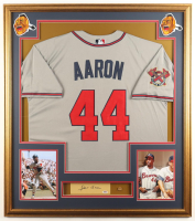 Hank Aaron Signed Custom Framed Cut Display with Jersey & World Series Pin (PSA) at PristineAuction.com