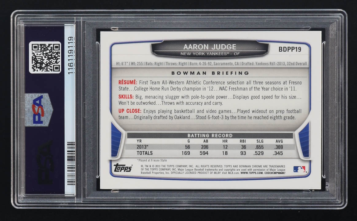 Aaron Judge 2013 Bowman Chrome Draft Picks & Prospects #BDPP19 RC (PSA 9) at PristineAuction.com Aaron Judge 2013 Bowman Chrome Draft Picks & Prospects #BDPP19 RC (PSA 9) at PristineAuction.com