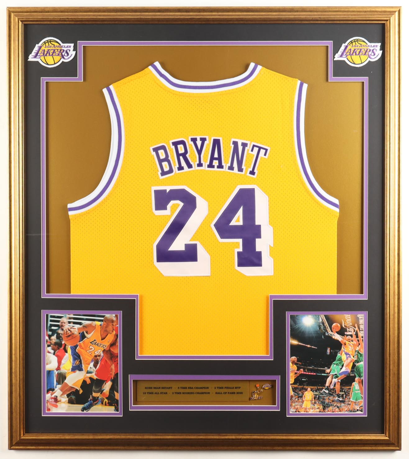 Kobe Bryant Custom Framed Jersey Display with (2) Kobe Pins & Career Stat Plaque at PristineAuction.com Kobe Bryant Custom Framed Jersey Display with (2) Kobe Pins & Career Stat Plaque at PristineAuction.com