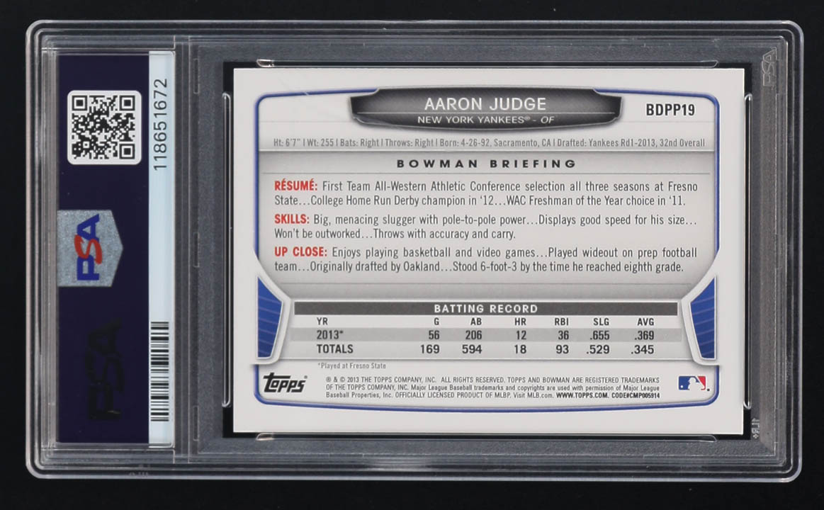 Aaron Judge 2013 Bowman Draft Draft Picks #BDPP19 RC (PSA 9) at PristineAuction.com Aaron Judge 2013 Bowman Draft Draft Picks #BDPP19 RC (PSA 9) at PristineAuction.com