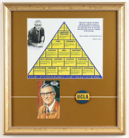 John Wooden Signed Custom Framed Display with Signed Vintage Basketball Card and 1965 UCLA Basketball Lapel Pin Inscribed "UCLA" (PSA) at PristineAuction.com
