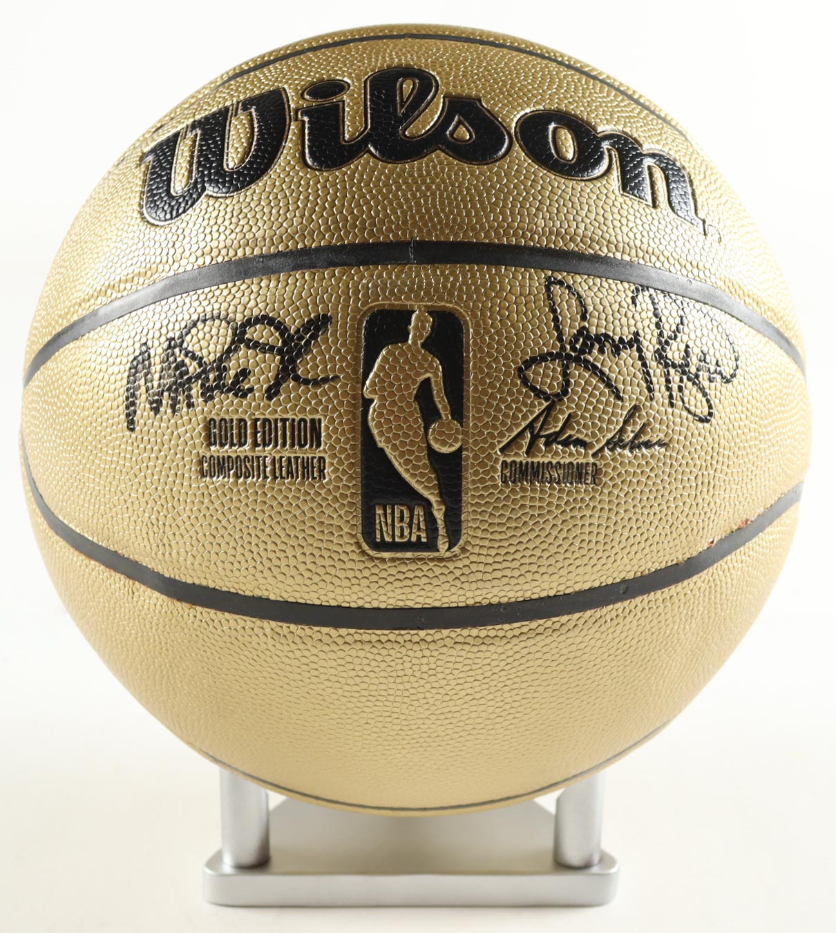 Magic Johnson & Larry Bird Signed NBA Gold Edition Basketball with Silver Wood Display Stand (PSA & Beckett) at PristineAuction.com Magic Johnson & Larry Bird Signed NBA Gold Edition Basketball with Silver Wood Display Stand (PSA & Beckett) at PristineAuction.com