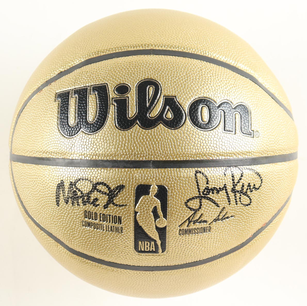 Magic Johnson & Larry Bird Signed NBA Gold Edition Basketball with Silver Wood Display Stand (PSA & Beckett) at PristineAuction.com Magic Johnson & Larry Bird Signed NBA Gold Edition Basketball with Silver Wood Display Stand (PSA & Beckett) at PristineAuction.com