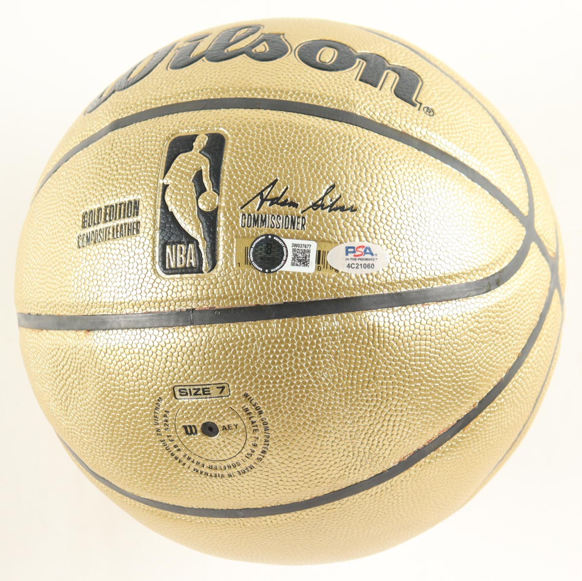 Magic Johnson & Larry Bird Signed NBA Gold Edition Basketball with Silver Wood Display Stand (PSA & Beckett) at PristineAuction.com Magic Johnson & Larry Bird Signed NBA Gold Edition Basketball with Silver Wood Display Stand (PSA & Beckett) at PristineAuction.com