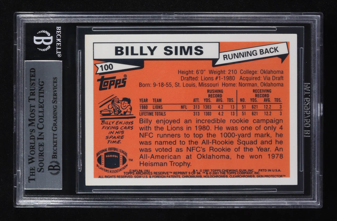 Billy Sims Signed 2001 Topps Archives Reserve #9 (BGS) at PristineAuction.com Billy Sims Signed 2001 Topps Archives Reserve #9 (BGS) at PristineAuction.com