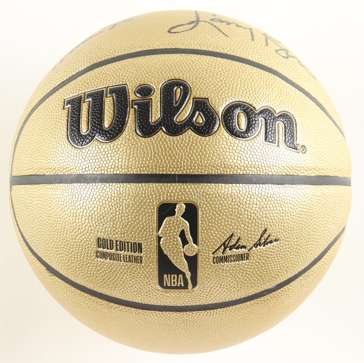Magic Johnson & Larry Bird Signed NBA Gold Edition Basketball with Silver Wood Display Stand (PSA & Beckett) at PristineAuction.com Magic Johnson & Larry Bird Signed NBA Gold Edition Basketball with Silver Wood Display Stand (PSA & Beckett) at PristineAuction.com