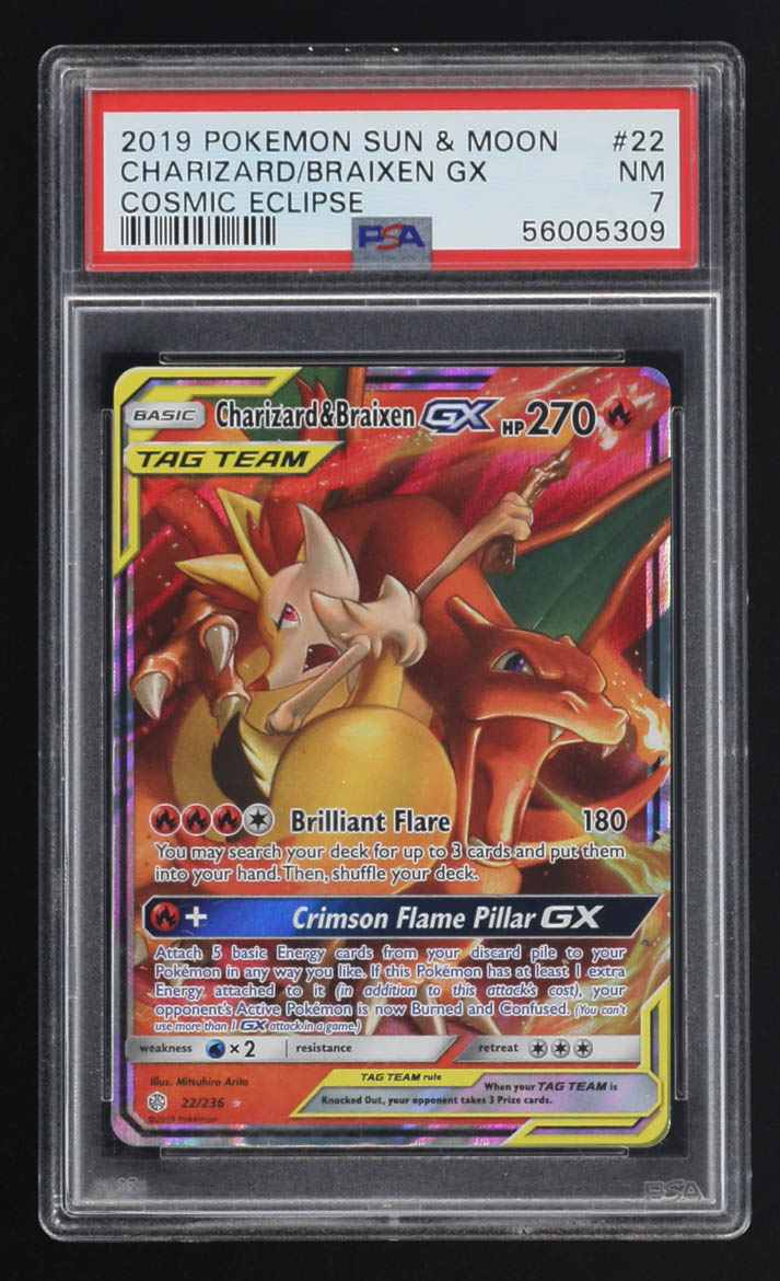 Charizard & Braixen GX 2019 Pokemon Sun and Moon Cosmic Eclipse #22 (PSA 7) at PristineAuction.com Charizard & Braixen GX 2019 Pokemon Sun and Moon Cosmic Eclipse #22 (PSA 7) at PristineAuction.com
