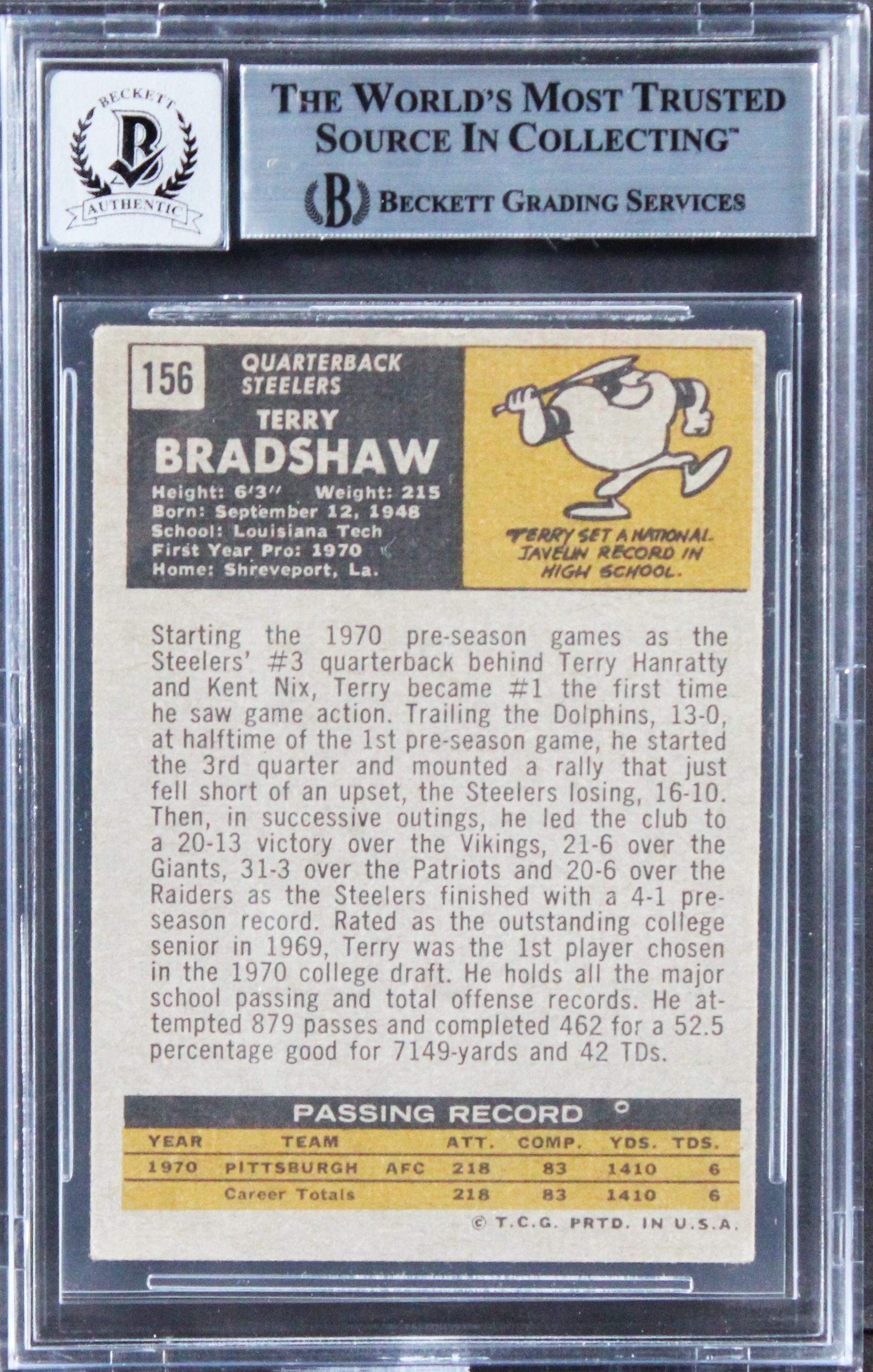 Terry Bradshaw Signed 1971 Topps #156 (BGS | Auto 10) at PristineAuction.com Terry Bradshaw Signed 1971 Topps #156 (BGS | Auto 10) at PristineAuction.com