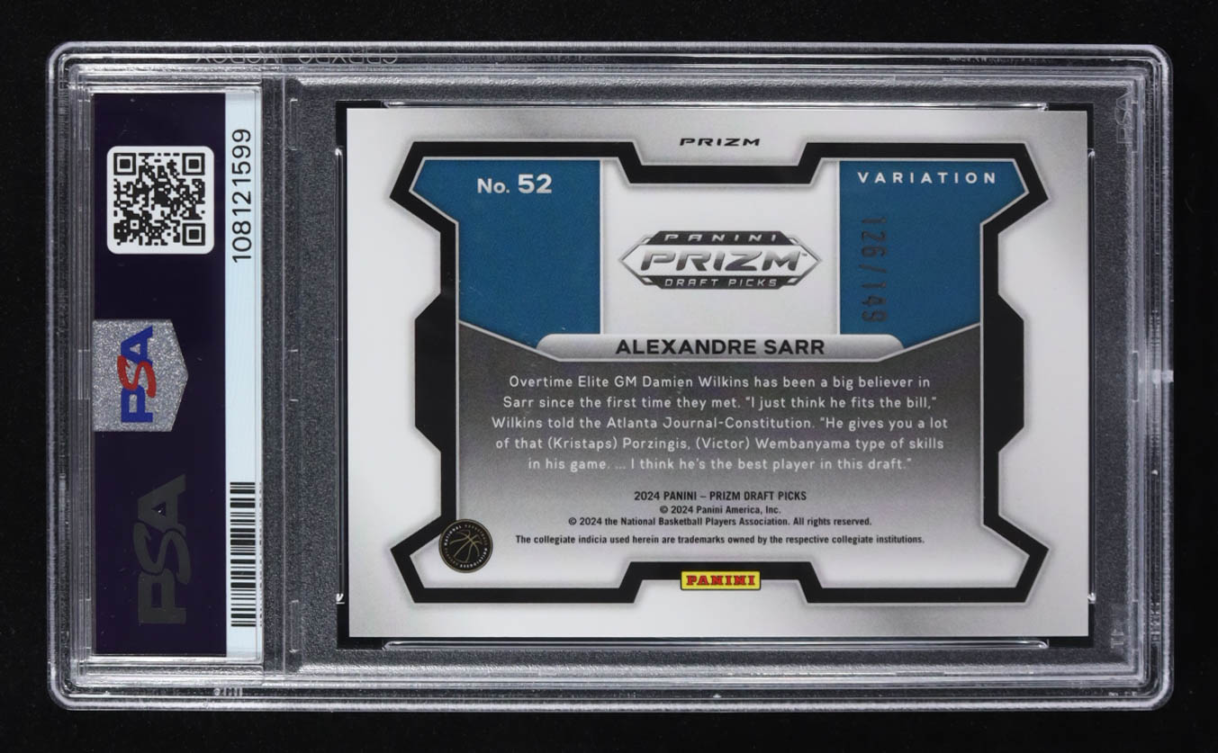 Alexander Sarr 2024-25 Panini Prizm Draft Picks Variation Prizms Purple Ice #52 #126/149 RC (PSA 9) at PristineAuction.com Alexander Sarr 2024-25 Panini Prizm Draft Picks Variation Prizms Purple Ice #52 #126/149 RC (PSA 9) at PristineAuction.com