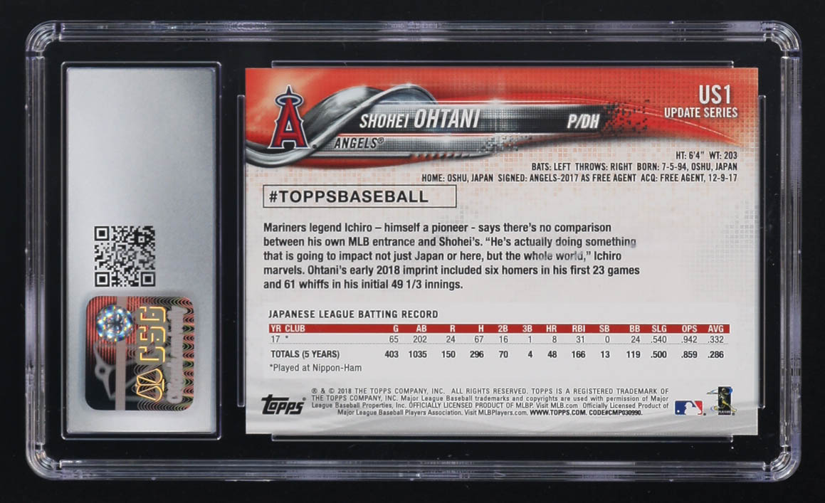 Shohei Ohtani 2018 Topps Update #US1 RC (CGC 10) at PristineAuction.com Shohei Ohtani 2018 Topps Update #US1 RC (CGC 10) at PristineAuction.com