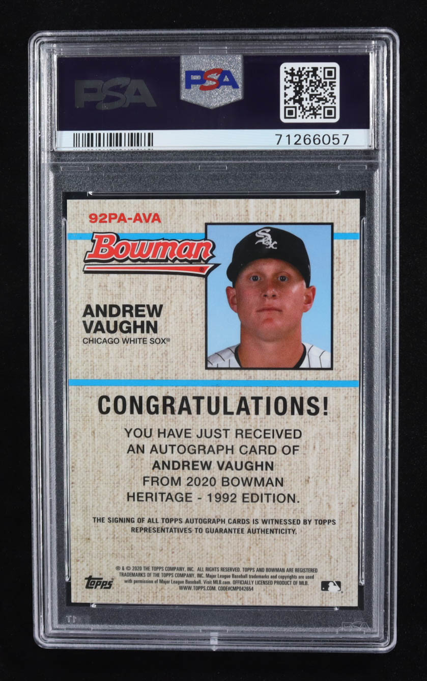 Andrew Vaughn 2020 Bowman Heritage Chrome Prospect Autographs Gold Refractors #92PAAVA #40/50 RC (PSA 9) at PristineAuction.com Andrew Vaughn 2020 Bowman Heritage Chrome Prospect Autographs Gold Refractors #92PAAVA #40/50 RC (PSA 9) at PristineAuction.com