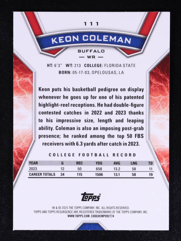 Keon Coleman 2024 Topps Resurgence Navy Surge #111 #202/275 RC at PristineAuction.com Keon Coleman 2024 Topps Resurgence Navy Surge #111 #202/275 RC at PristineAuction.com